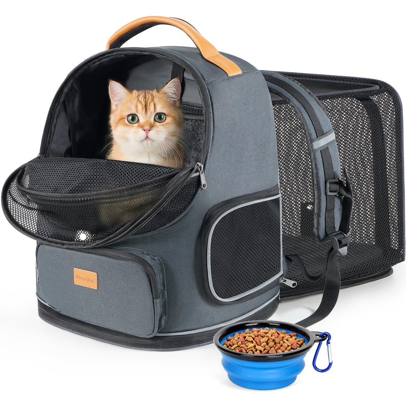 Morpilot Expandable Cat Carrier Backpack for Small Dogs & Cats Up to 18lbs, Breathable Mesh Pet Travel Backpack with Safety Leash, Foldable Airline Approved Carrier for Hiking Camping Outdoor, Grey