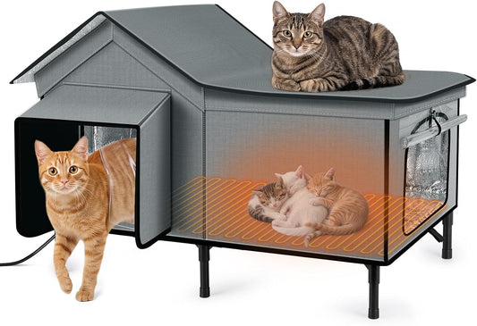 Heated Cat House for Outside, Large Insulated Elevated Weatherproof Feral Cat Shelter with Heated Pad, All-Round Insulat