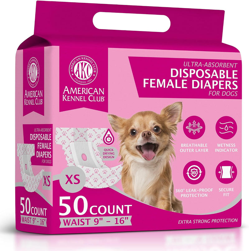 American Kennel Club Female Dog Wrap, Disposable Diapers with Wetness Indicator (XS (9–16 in), 50, Count)