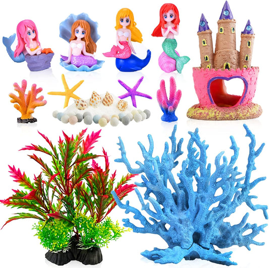 Kooterfun Mermaid's Castle Fish Tank Decorations-28pack Include Castle Hideout, Faux Coral,Starfish and Artificial Plast