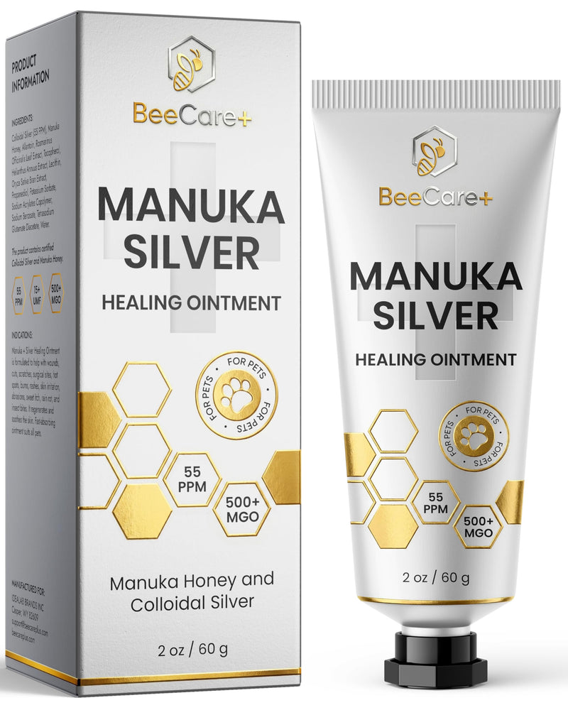 Manuka Honey Ointment 500+ MGO – Dog Hot Spot Treatment for Scratches, Burns, Irritations – Cat Wound Care with 55-PPM Colloidal Silver for Dogs – Manuka + Silver Healing Ointment in a 2-oz Tube