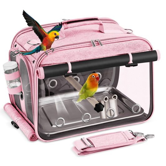 Sanmoncare Airline Approved Bird Carrier, Indestructible Stainless Steel Mesh Parrot Travel Cage, Cockatiels Travel Carrier Lightweight and Portable with Water Bottle and Bowl