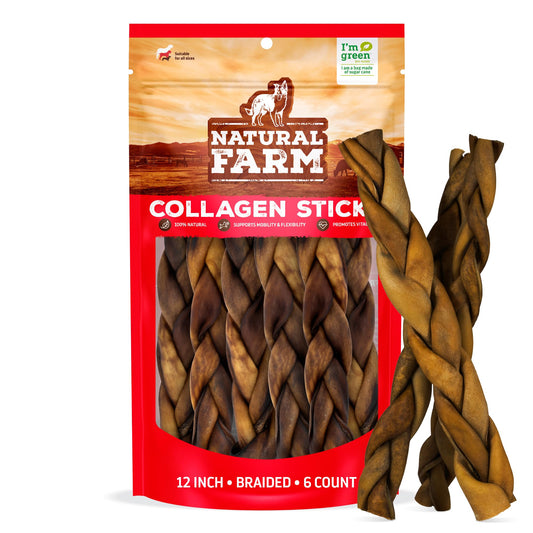 Natural Farm Braided Collagen Chews for Dogs (12 Inch, 6 Pack), Collagen Sticks, Natural Dog Chews, Long Lasting, for Small, Medium and Large Dogs, Odor-Free, Rawhide Alternative