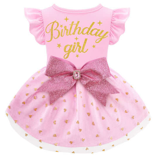 Dog Birthday Girl Dress Ruffle Dog Dress with Sparkly Pink Bowknot Tulle Birthday Princess Pet Clothes for Small Medium Large Dogs Girls Boys Cats Outfit Apparel
