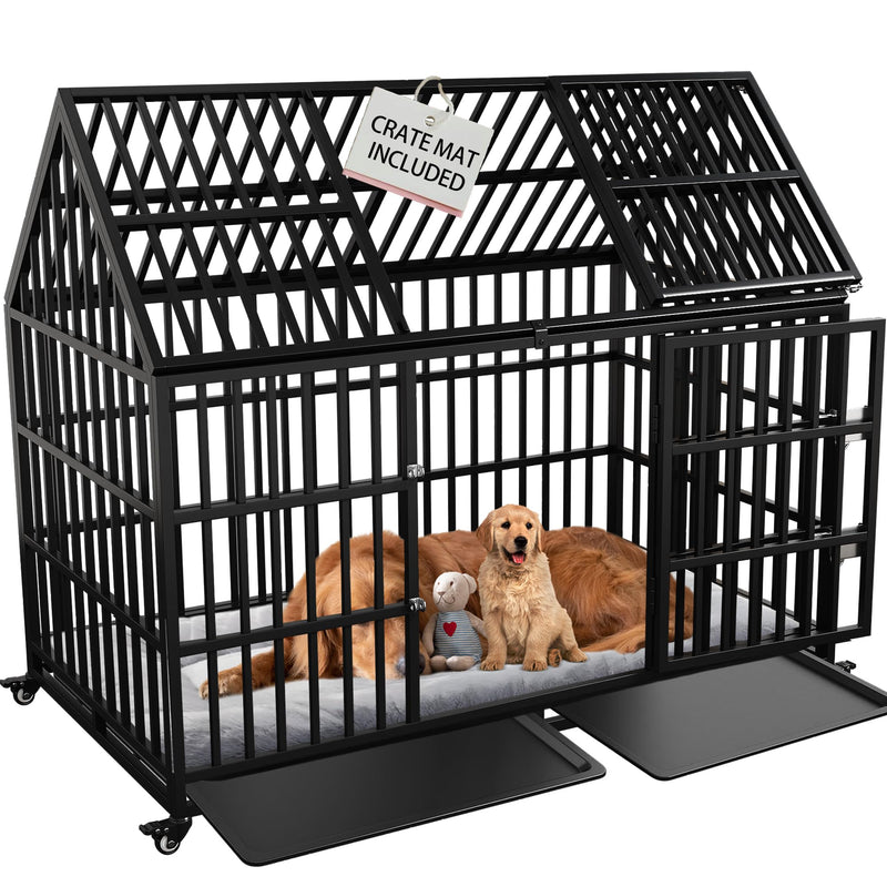 Heavy Duty Dog Crate 54 inch Dog Pet Kennel Cage for Extra Large Giant Dog with 2 Doors Lockable Wheels Removable Trays Top Access All Metal Durable