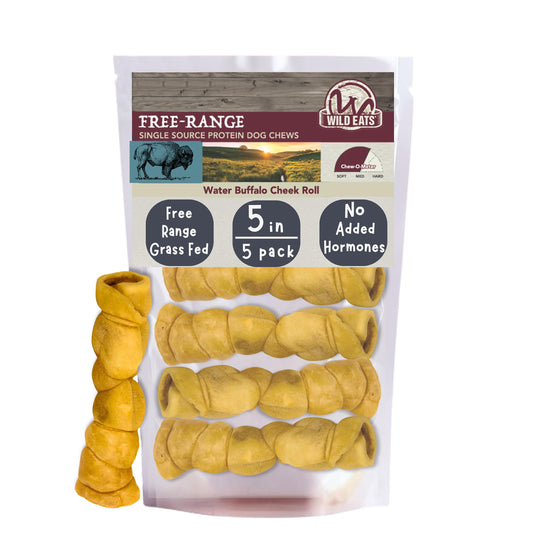 Wild Eats Water Buffalo Retriever Style Cheek Roll Dog Chews - 5 Pack (Long Lasting Chews, Treats, Bones for Aggressive Chewers & Large Dogs) Great Substitute Pig Ears Dogs