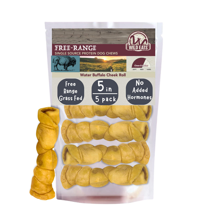 Wild Eats Water Buffalo Retriever Style Cheek Roll Dog Chews - 5 Pack (Long Lasting Chews, Treats, Bones for Aggressive Chewers & Large Dogs) Great Substitute Pig Ears Dogs
