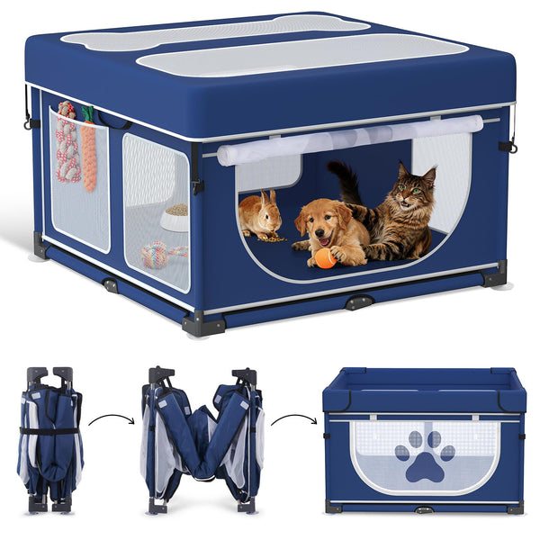 LOOBANI Foldable Dog Playpen with Cover: 1 Min Setup Pet Puppy Playpen Indoor, Sturdy Reinforced Steel/Iron Frame Dog Fence, Portable Whelping Box for Home Dog Cat Rabbit-43.3