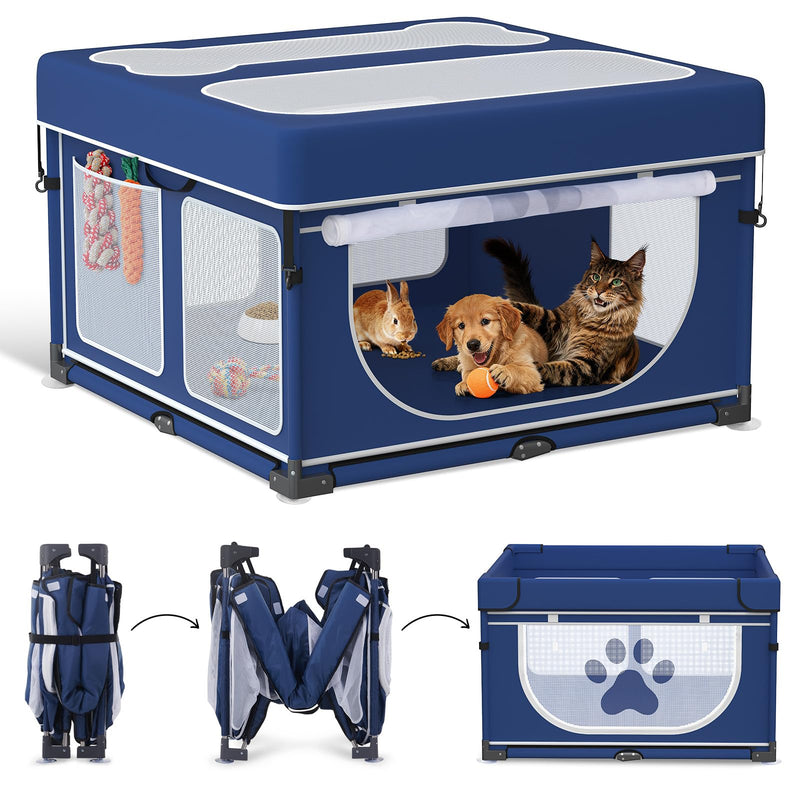 LOOBANI Foldable Dog Playpen with Cover: 1 Min Setup Pet Puppy Playpen Indoor, Sturdy Reinforced Steel/Iron Frame Dog Fence, Portable Whelping Box for Home Dog Cat Rabbit-43.3