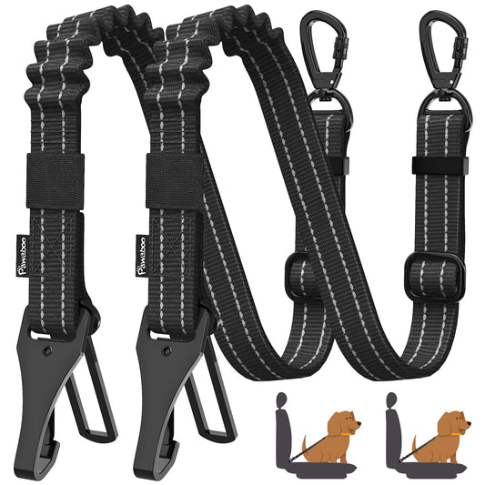 Pawaboo 2Pack Dog Seatbelt for Car,3-in-1 Dog Car Seat Belt Bungee,Shockproof Dogs Tether for Cars with Buckle&Hook Latch, Adjustable Reflective Dogs Cars Harness Leash with 360° Lockable Buckle,Black