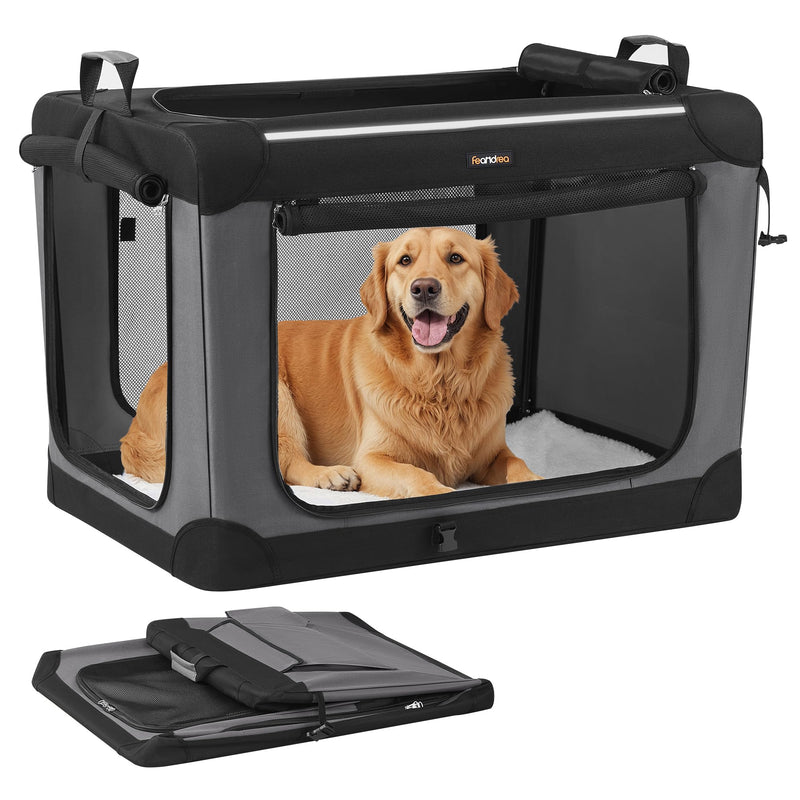Feandrea Collapsible Dog Crate, 36-Inch Portable Dog Travel Crate for Large Dogs, Oxford Fabric Pet Carrier with 4 Mesh Doors, Handles, Storage Pocket, Water Bottle Holder, Ink Black UPDC019B01