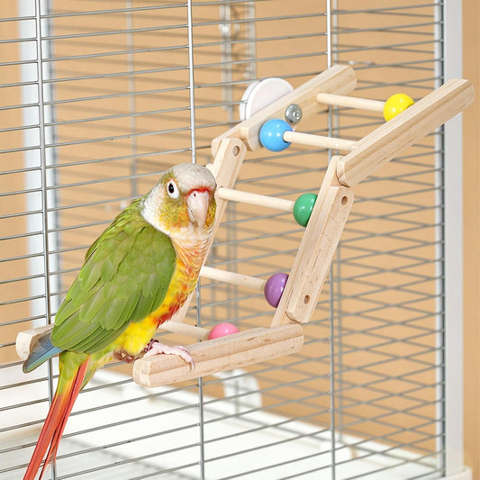 3-Story Staircase Birdcage Ladder with Colorful Rolling Beads,11.8‘’L X 4‘’W Wooden Bird Ladder Bridge,Foldable Adjustab