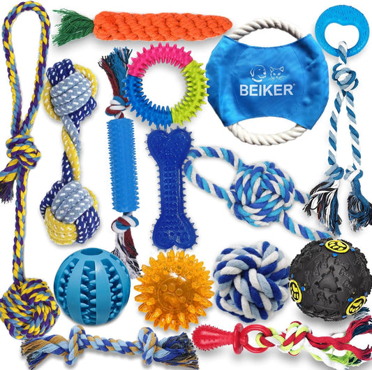 Beiker Dog Teething Chew Toys - 15 Pack Small Medium Breed Puppy Toy, Variety Dogs Rope Chew Toys Bundle for Boredom, Pet Interactive Squeaky Treat Dispensing Ball for Puppies