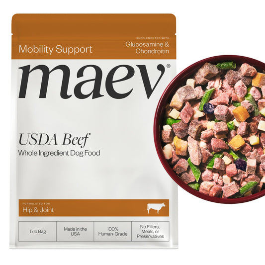 Maev Human-Grade Fresh-Frozen Beef Dog Food, Hip & Joint Formula | High-Protein, Grain-Free, Whole Ingredient Raw Food for Dogs | Complete & Balanced Meal or Topper | Made in USA | 5 lb