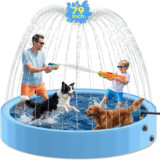 Pechfun 79'' Dog Pool with Sprinkler, Foldable Dog Pools for Large Dogs, 2-in-1 Non-Slip Swimming Pool for Dogs & Kids, Heavy Duty Hard Plastic Pet Bathing Tub for Outdoor Backyard, Blue