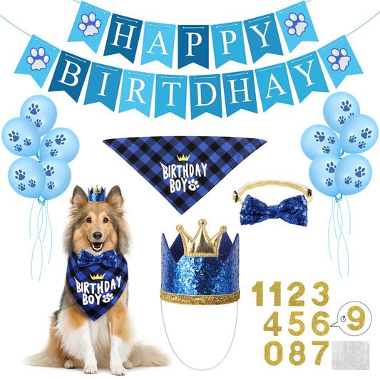 Selemoy Dog Birthday Party Supplies, Dog Birthday Hat Bandana Scarf with Cute Bow Tie, Flag, Balloons for Small Medium Dogs Pets, Doggie Party Supplies Decorations