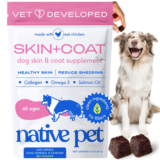 Native Pet Skin & Coat Chews - Omega 3 Fish Oil for Dogs Skin & Coat Supplement - Itch Relief, Shiny Fur & Shedding Support - Collagen, Hyaluronic Acid, Biotin, Probiotics & Salmon Oil - 30 Chews