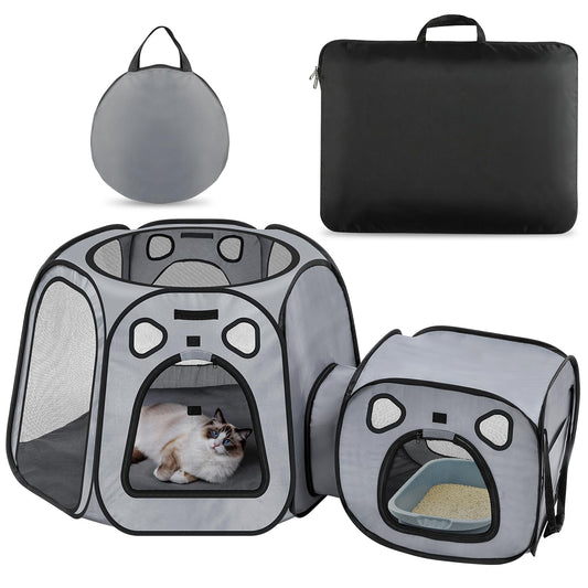 Snuvid Cat Playpen with Separate Litter Box Area, Large Foldable Waterproof Cat Tent - 600D Oxford, Portable Indoor/Outdoor Pet Enclosure, Cage, House & Condos with Carrybag for Kittens, Small Dogs