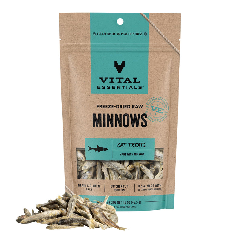 Vital Essentials Freeze Dried Minnows Cat Treats | Single Ingredient | Premium Quality | Grain Free, Healthy Treats for Cats, 1.5 oz Bag
