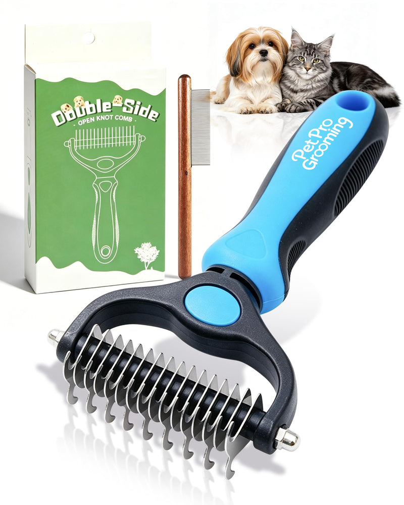 Pet Pro Grooming, Pet Pro Grooming Tool, Dematting Comb for Dogs and Cats, Deshedding Dog Brush, Undercoat Rake for Dogs, Removes Tangles Knots and Loose Fur, Grooming Tool for Thick Coats (Blue)