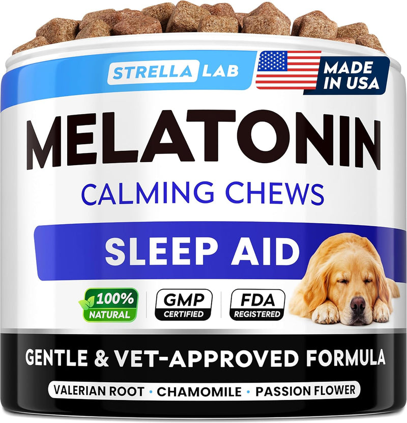 STRELLALAB Melatonin for Dogs to Sleep 6mg - Doggie Sleep Aid Treats - Sleeping Pills for Anxiety - Extra Strength Calming Chews Large & Small Breed Help Sleep at Night - Made in USA - 60Ct