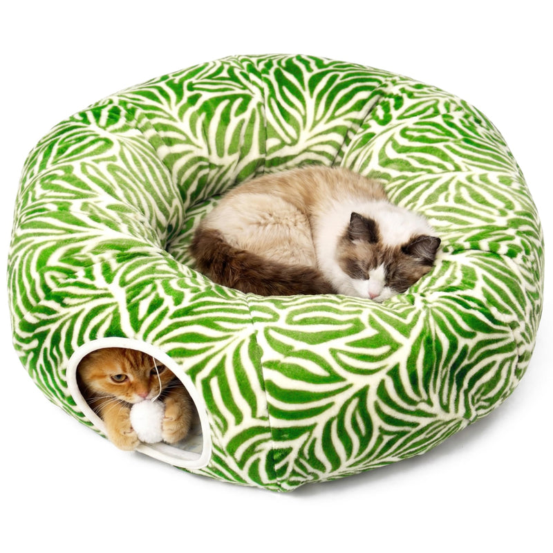 Meowfia Indoor Cat Tunnel with Donut Bed - Large Flexible Play Space for Multiple Pets - Circle or Snake Shape, Cozy Lounge (Jungle Nest)