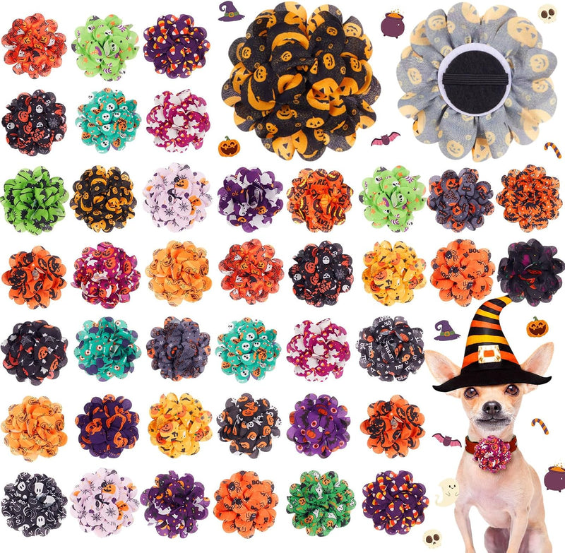 Huhumy 50 Pcs Halloween Dog Collar Flowers Bulk, Pumpkin Ghost Skull Bat