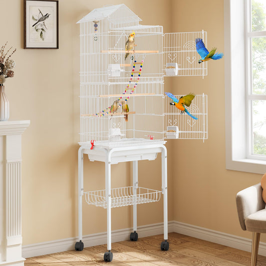 YITAHOME 62 inch Metal Bird Cage, Large Parakeet Cages for Parrot, Cockatiel, Lovebird, Pigeon with Roof Top, Rolling Stand and Hanging Accessories, White