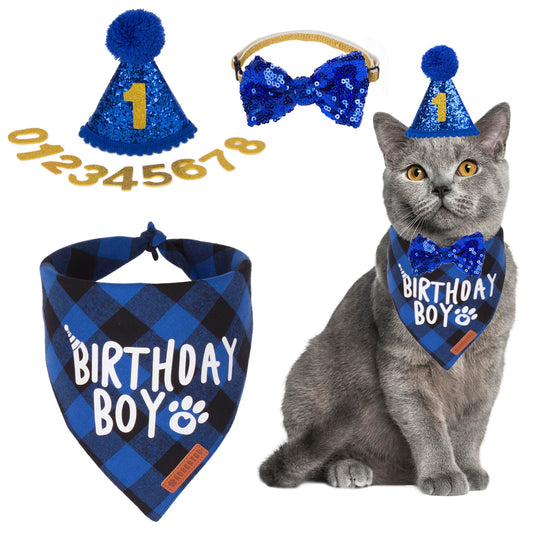 ADOGGYGO Cat Birthday Party Supplies, Birthday Boy Plaid Kitten Bandana, Blue Cat Party Hat with Numbers, Bowtie (Blue)