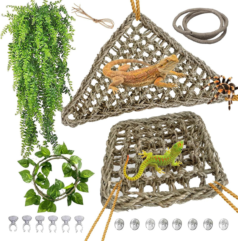 kathson Bearded Dragon Hammock,Lizard Lounger Reptile Tank Hanging Plants Climbing Jungle Vines Flexible Leaves Decorati