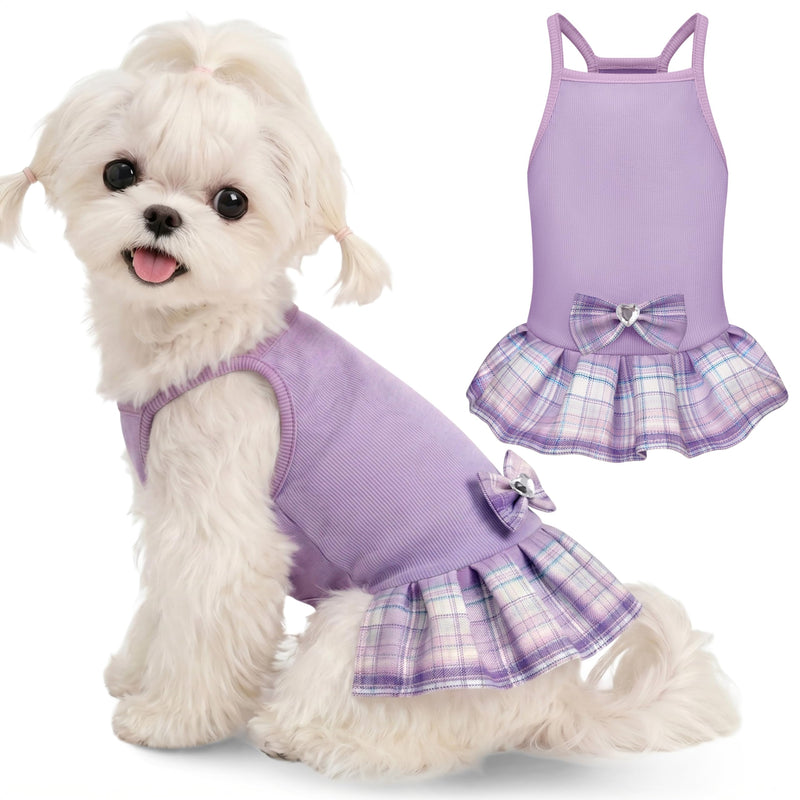 WOYYHO Small Dogs Girl Dress with 3D Bow, Cute Dog Summer Dresses, Princess Dog Plaid Dress Sleeveless Pet Summer Clothes for Chihuahua Yorkie Pomeranian (M, Purple)