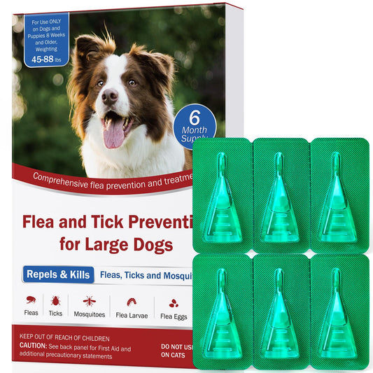Flea and Tick Prevention for Large Dogs, Flea Drops for Dogs 45 to 88 lbs, 6 Month Support for Skin & Coat Health, Fast Acting, Dog Flea and Tick Treatment, Supplement