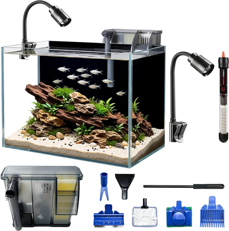 3.3 Gallon Small Fish Tank Glass Aquarium Complete Kit for Betta Fish