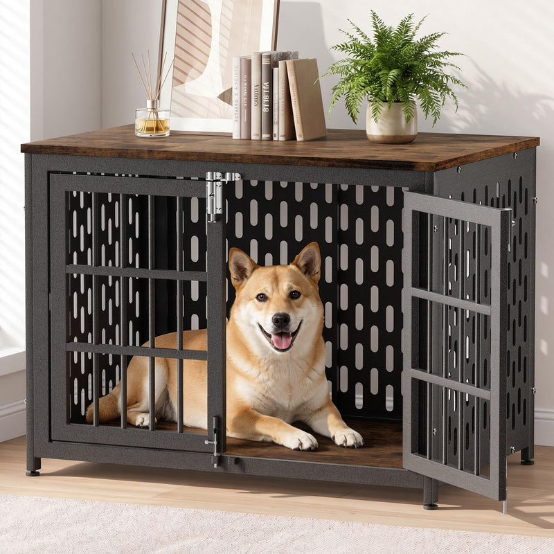 Dog Crate Furniture 38in, Heavy Duty End Table with Perforated Steel Chew-Proof Panels, Escape-Proof Indoor Dog Kennel for Medium to Large Dogs (30-60 lbs) Waterproof & Scratch-Resistant