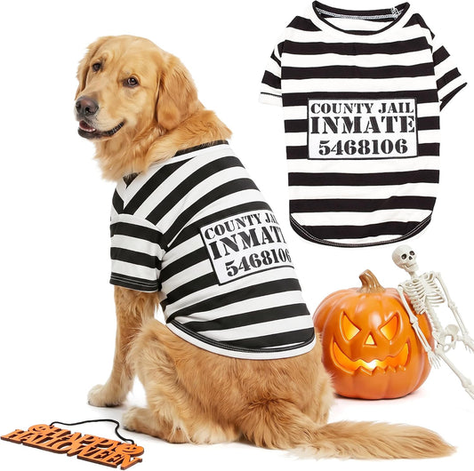 Parisian Pet Prisoner Dog Costume - 100% Cotton Striped Dog Clothes for Large Dogs - Lightweight Puppy Outfits - Funny French Bulldog Clothes - Sleeved Shirt for Dogs - Stretchy Pet Costume