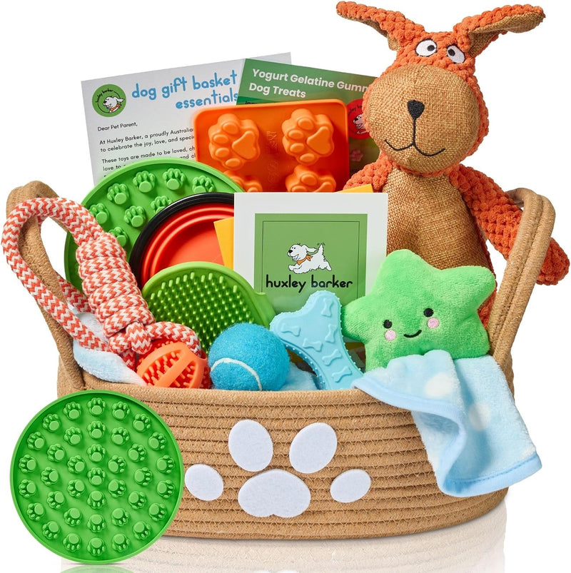 Deluxe New Puppy & Dog Gift Basket for Puppies, Adopted Dogs & Small Family Dogs - Dog Lick Mat, Chew Toys, Squeaky Toys