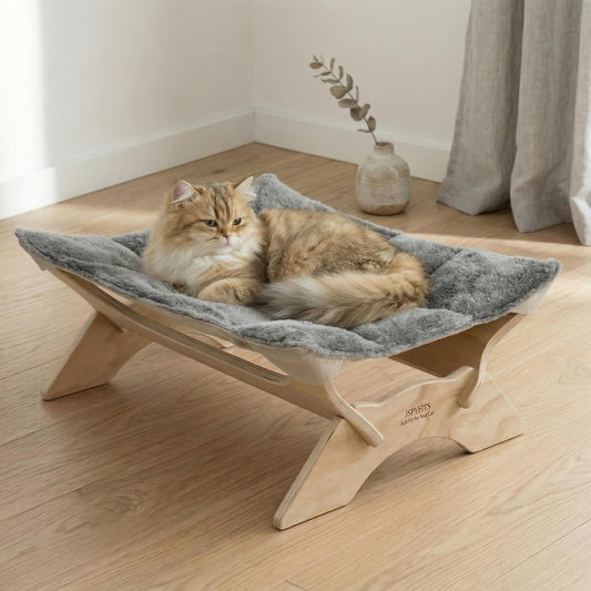 JSPYFITS Elevated Cat Bed Hammock, Raised Orthopedic Dog Bed with Dual-Sided Plush & Linen Cushion, Modern Cat Furniture for Medium to Large Cats, Easy Assembly(Gray)