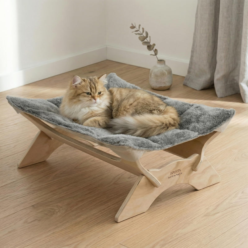 JSPYFITS Elevated Cat Bed Hammock, Raised Orthopedic Dog Bed with Dual-Sided Plush & Linen Cushion, Modern Cat Furniture for Medium to Large Cats, Easy Assembly(Gray)