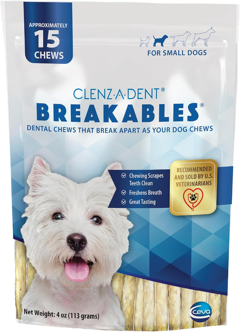 Breakables Clenz-A-Dent Rawhide Dental Chews, 15Ct (Small)