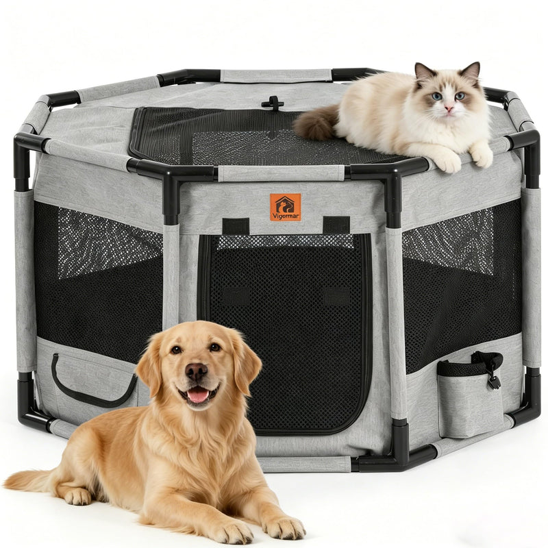 Vigormar Enclosed Playpen, Portable Cat & Puppy Kennel with Sturdy PVC Pipe Frame and Scratch-Resistant Fabric, Soft Dog Playpen for Indoor & Outdoor Use (Large Size, 45x45x24 Inches)