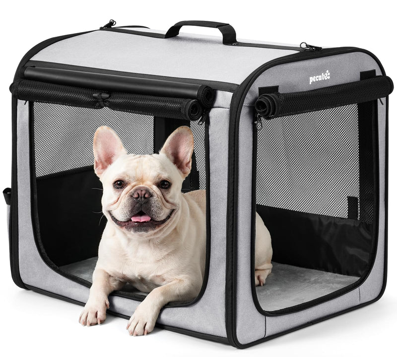 Dog Car Carrier Light Weight 24×17.7×20.5in, Dog Carrier Easy to Assemble, Dog Car Crate Portable and Breathable, Foldable Pet Carrier for Indoor and Outdoor, Dog Travel Crate with Curtain Gray