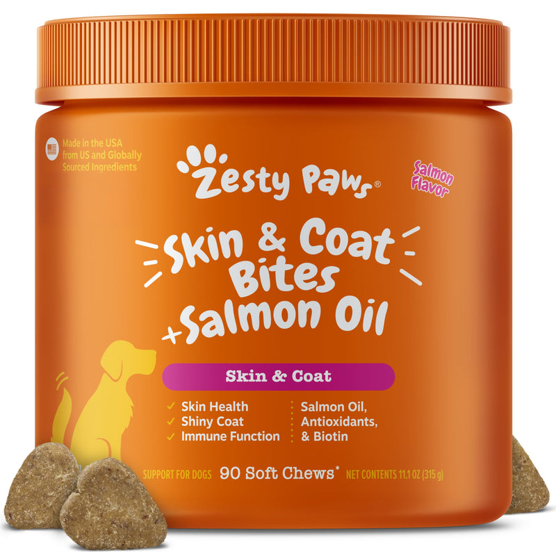 Zesty Paws Salmon Oil for Dogs Skin and Coat, Omega 3 Fish Oil Chews, Dog Allergy Relief Chews, Itch Relief Supplement, 90 Count, Salmon Flavor