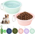 3 Pack Collapsible Dog Bowls,2 Pet Bowls with 1 Pet Poop Bag Dispenser Set,Portable Silicone Travel Dog Bowls for Walkin