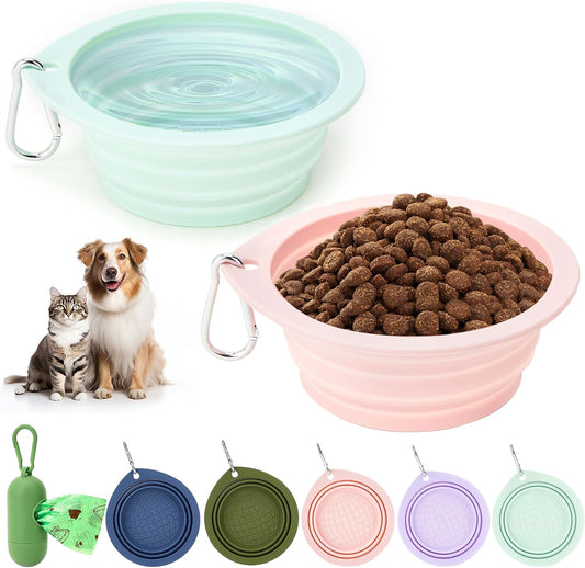 3 Pack Collapsible Dog Bowls,2 Pet Bowls with 1 Pet Poop Bag Dispenser Set,Portable Silicone Travel Dog Bowls for Walkin