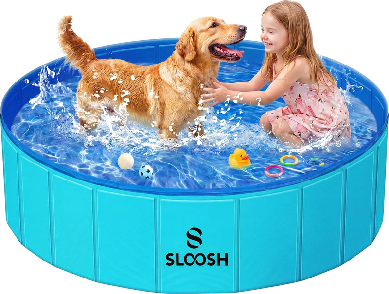 SLOOSH Foldable Dog Kiddie Pool - Portable Hard Plastic Doggie Swimming Pool, Anti-Slip Collapsible Pets Bath Tub Suitable for Kids Indoor Outdoor Backyard Use (Blue, 48