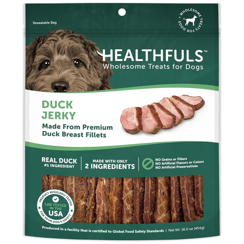 Healthfuls Duck Jerky Healthy Dog Treats – Grain Free, Real Duck Breast Fillets, No Fillers or Artificial Ingredients, All Life Stages – 16 ounces