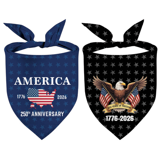 250th Anniversary American Dog Bandanas 2 Pack, 250 Years Reversible Triangle Patriotic Pet Scarf for Boy and Girl, Neckerchief Bulk for Independence Day, Adjustable Fits