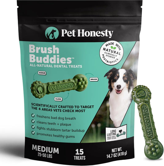Pet Honesty Brush Buddies All Natural Dog Dental Treats for Dogs – Long Lasting Dental Sticks for Dogs, Teeth Cleaner, Breath Freshener, Plaque & Tartar Remover – Medium Sized Dogs (15 Count)