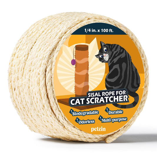 Pelzin Natural Sisal Rope for Cat Scratcher - 1/4 Inch by 100 Feet, Cat Tree Rope Twine for Scratching Post Replacement, Repairing and DIY, White