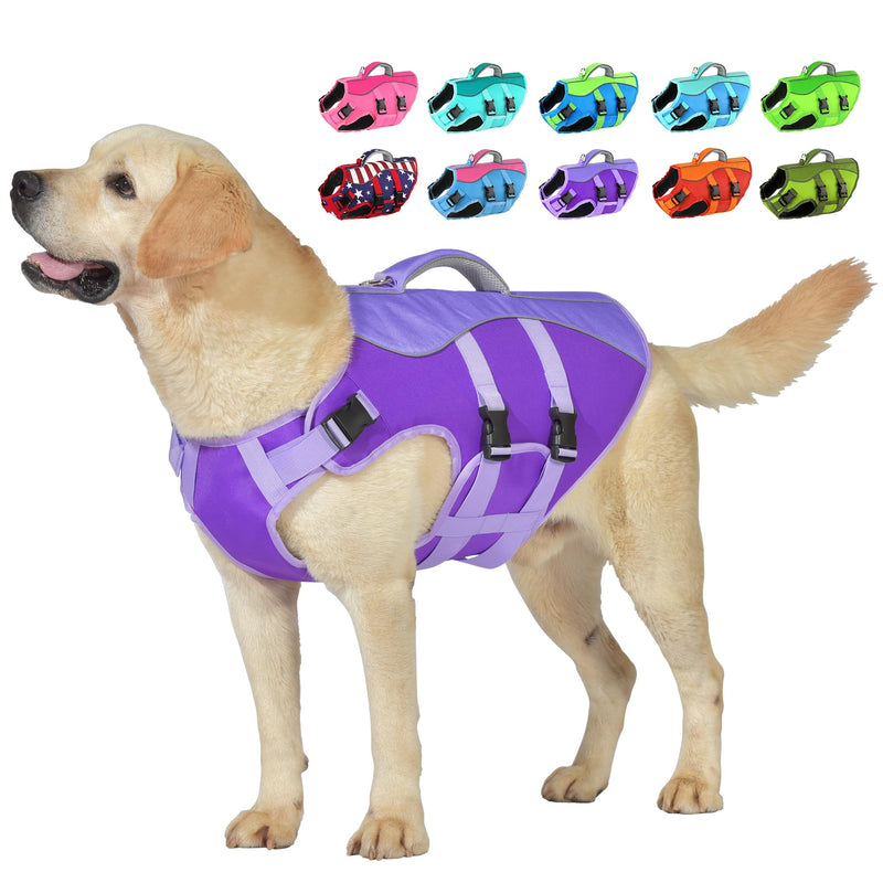 Petglad Dog Life Jacket, High Buoyancy Dog Life Vest with Handle for Swimming Boating, Adjustable Swimming Vest with Reflective Trim for Small Medium Large Dogs - Purple, L
